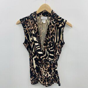 Jon Den Womens Size Small Animal Print Sleeveless Faux Wrap Blouse in Black 417